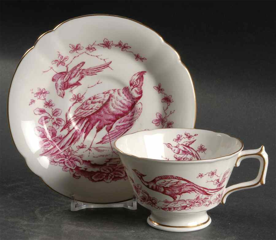 Chelsea Bird Red Pink Footed Cup & Saucer Set by Royal Crown Derby-1