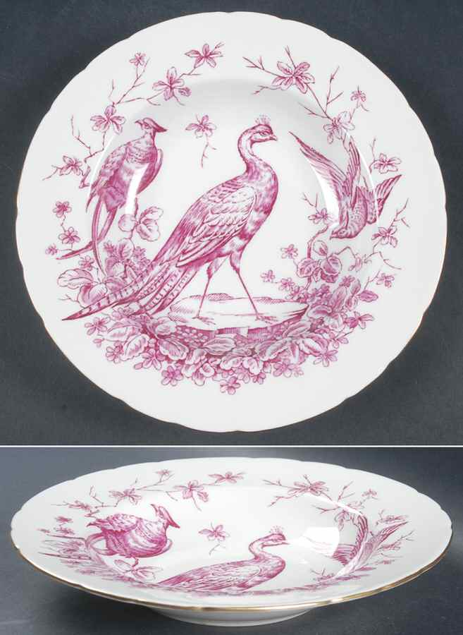 Chelsea Bird Red Pink Rim Soup Bowl by Royal Crown Derby-1