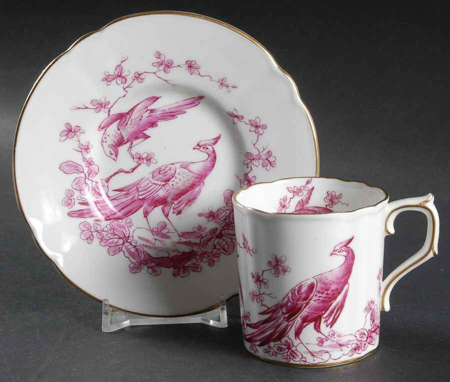 Chelsea Bird Red Pink Flat Demitasse Cup & Saucer Set by Royal Crown Derby-1