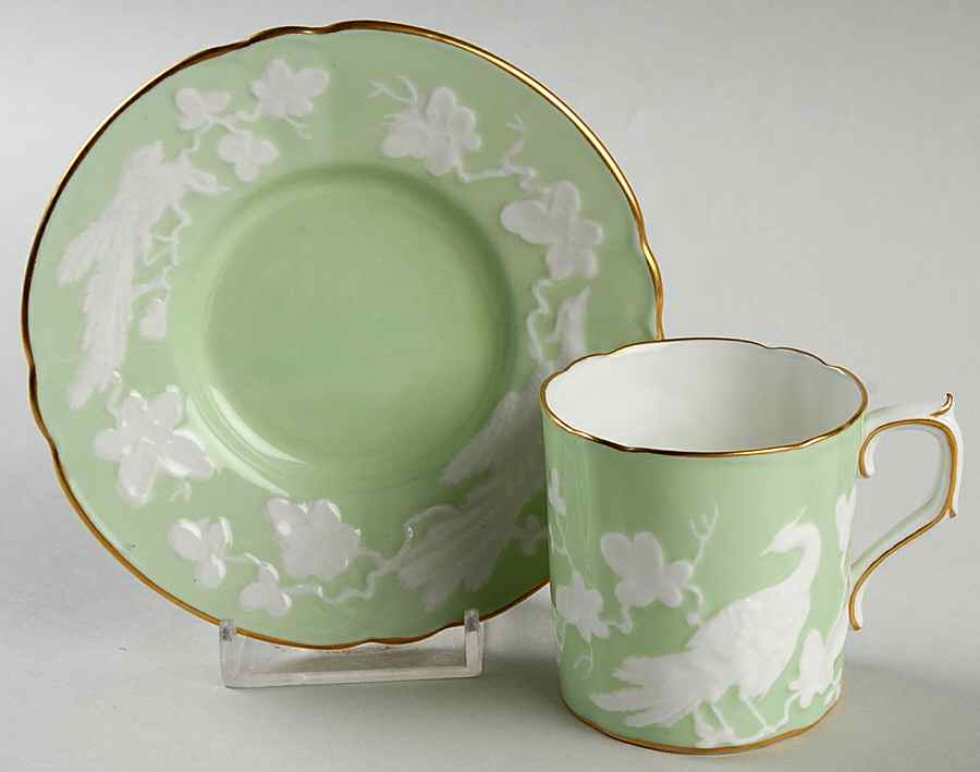 Chinese Birds Celadon Flat Demitasse Cup & Saucer Set by Royal Crown Derby-1