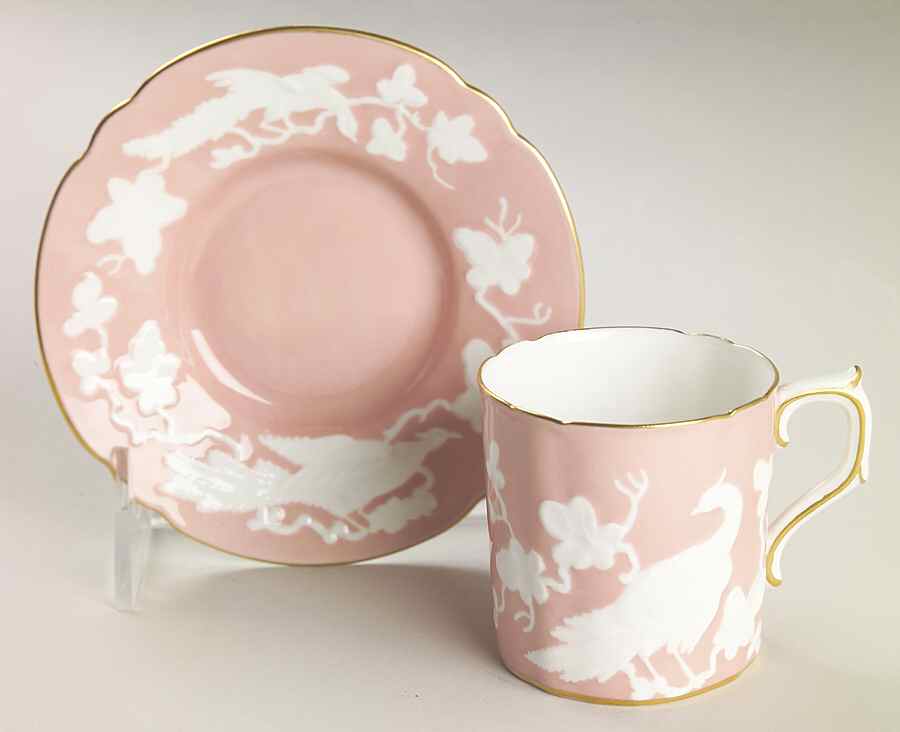 Chinese Birds Salmon Flat Demitasse Cup & Saucer Set by Royal Crown Derby-1