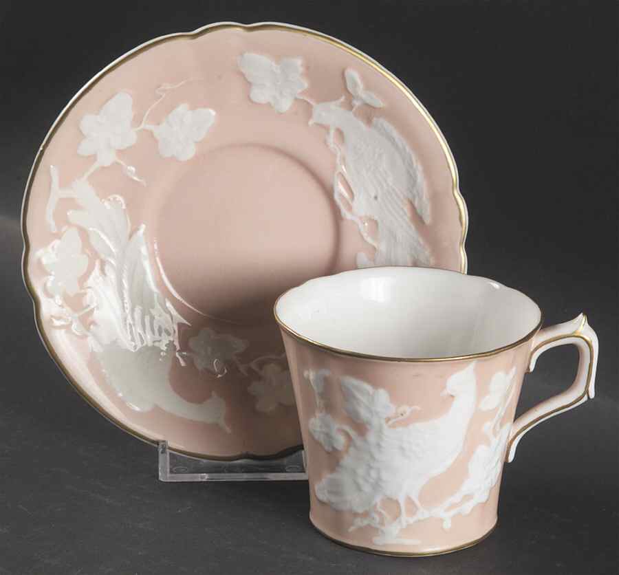 Chinese Birds Salmon Flat Cup & Saucer Set by Royal Crown Derby-1