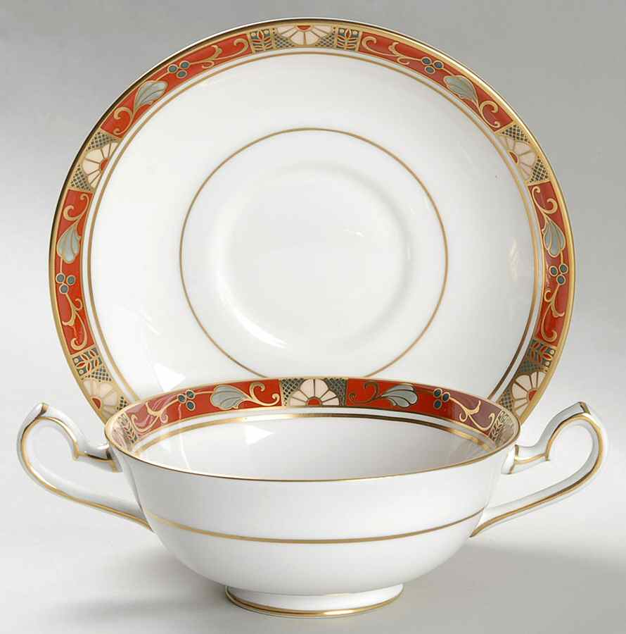 Cloisonne Footed Cream Soup Bowl & Saucer Set by Royal Crown Derby-1