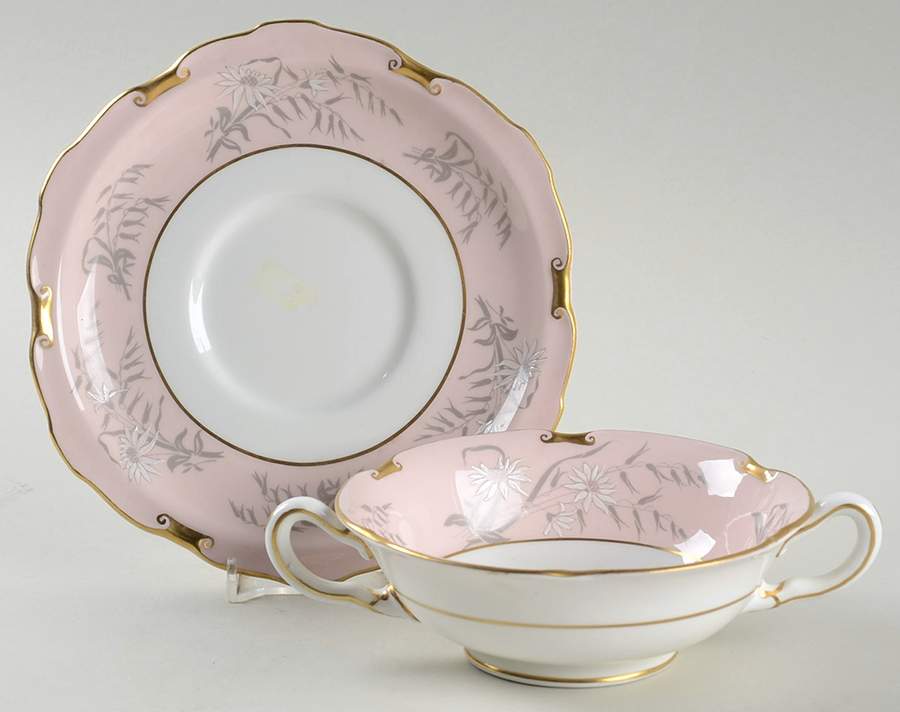 Denver Pink Footed Cream Soup Bowl & Saucer Set by Royal Crown Derby-1