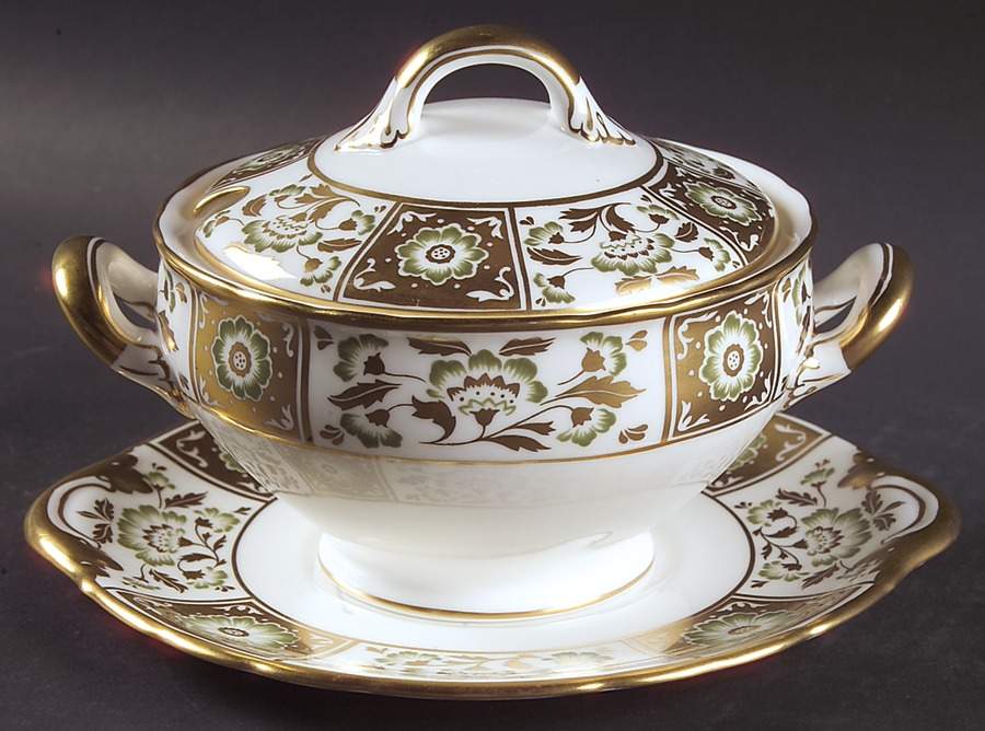 Derby Panel Green Sauce Boat & Lid with Underplate by Royal Crown Derby-1