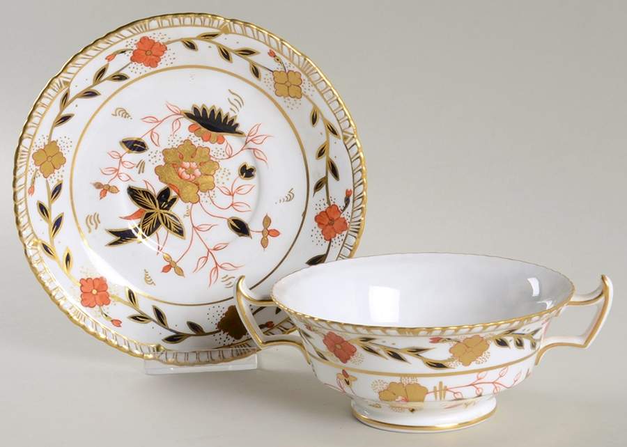 Gadroon Rose Footed Cream Soup Bowl & Saucer Set by Royal Crown Derby-1