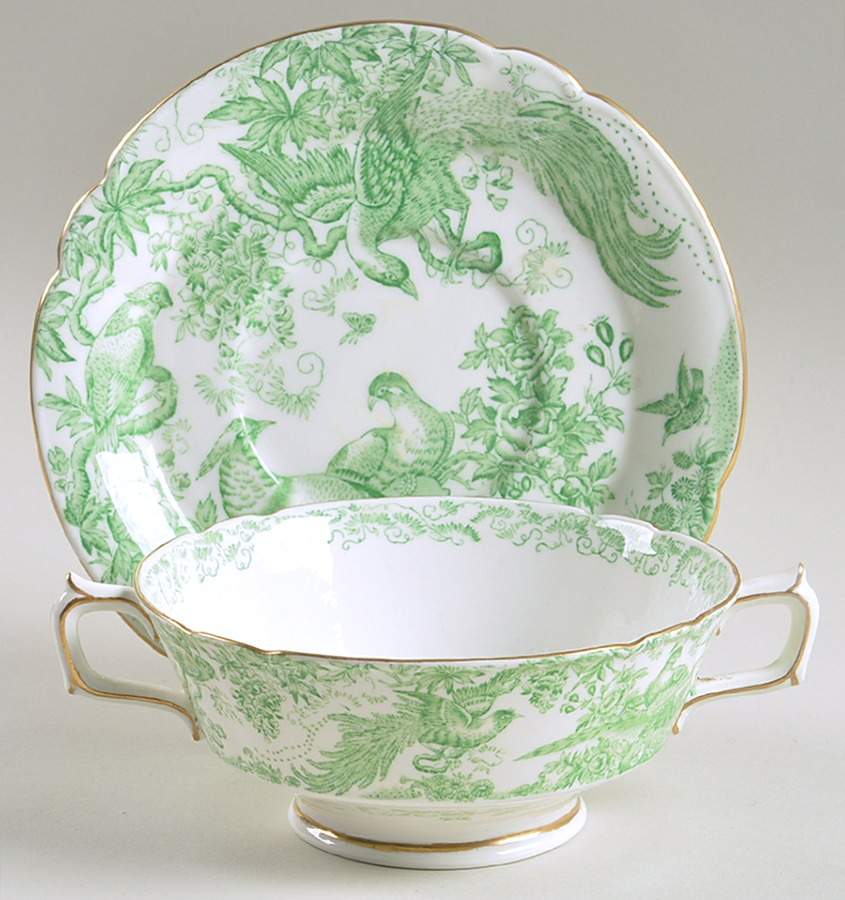 Green Aves Footed Cream Soup Bowl & Saucer Set by Royal Crown Derby-1