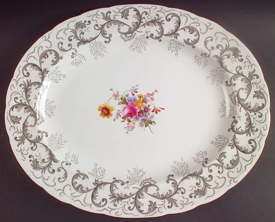 Grey Scroll 17" Oval Serving Platter by Royal Crown Derby-1