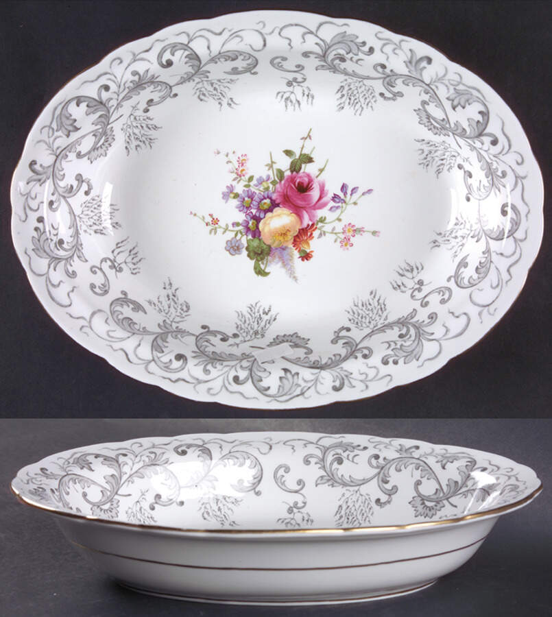 Grey Scroll 10" Oval Vegetable Bowl by Royal Crown Derby-1