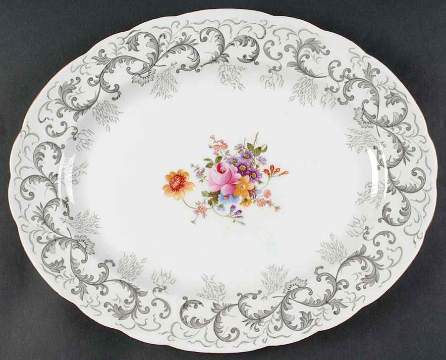 Grey Scroll 15" Oval Serving Platter by Royal Crown Derby-1