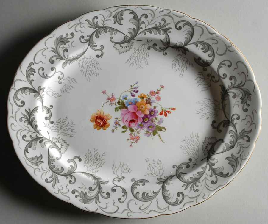 Grey Scroll 13" Oval Serving Platter by Royal Crown Derby-1