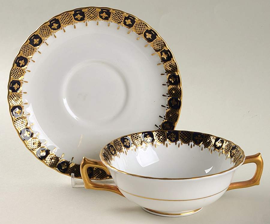 Heraldic Cobalt Blue Footed Cream Soup Bowl & Saucer Set by Royal Crown Derby-1