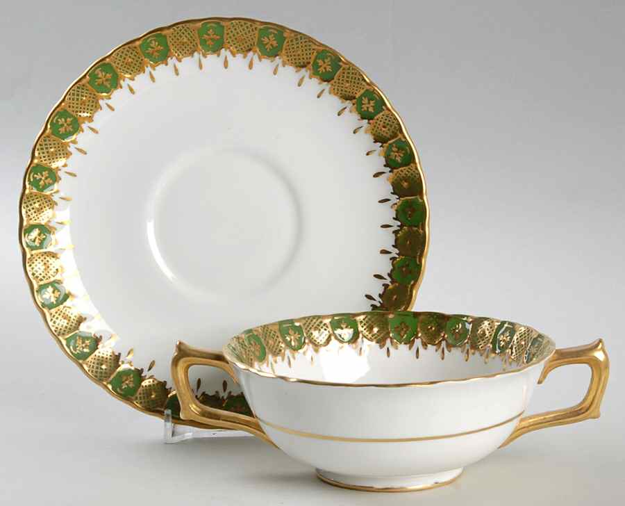 Heraldic Green Footed Cream Soup Bowl & Saucer Set by Royal Crown Derby-1