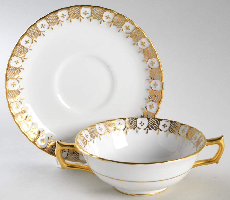 Heraldic Gold Footed Cream Soup Bowl & Saucer Set by Royal Crown Derby-1
