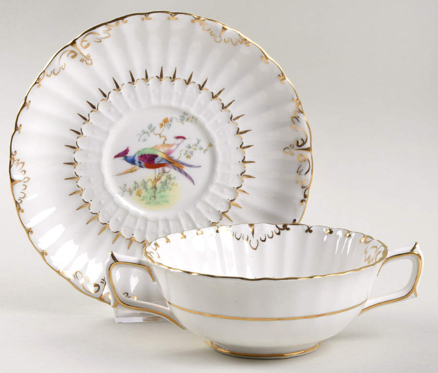 Lowestoft Pheasant Footed Cream Soup Bowl & Saucer Set by Royal Crown Derby-1