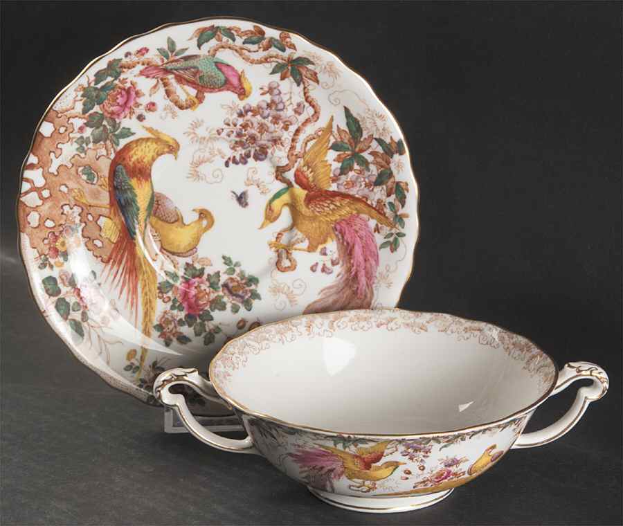Olde Avesbury (Ely Chelsea Shape) Footed Cream Soup Bowl & Saucer Set by Royal Crown Derby-1