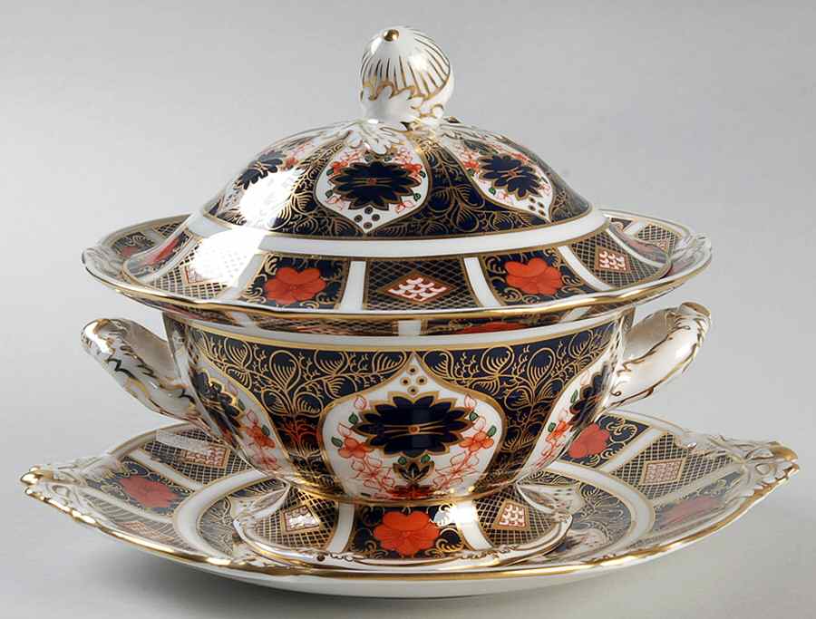 Old Imari Sauce Boat & Lid with Underplate by Royal Crown Derby-1