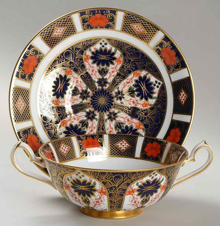 Old Imari Footed Cream Soup Bowl & Saucer Set by Royal Crown Derby-1