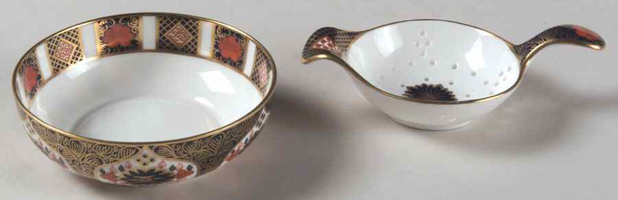 Old Imari Tea Strainer & Bowl by Royal Crown Derby-1