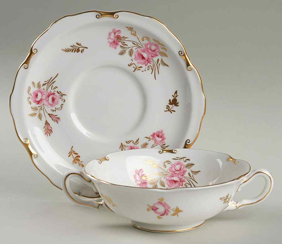 Pinxton Roses Footed Cream Soup Bowl & Saucer Set by Royal Crown Derby-1