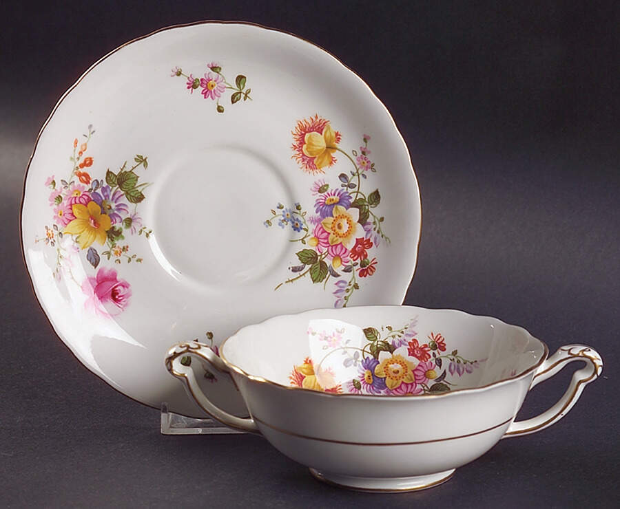 Posie Ely Chelsea (White Background) Footed Cream Soup Bowl & Saucer Set by Royal Crown Derby-1