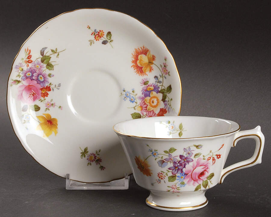 Posie Ely Chelsea (White Background) Footed Cup & Saucer Set by Royal Crown Derby-1
