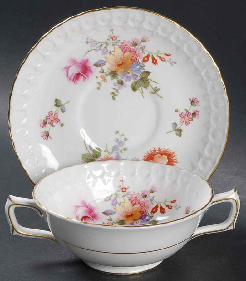 Posie (Heraldic Shape) Footed Cream Soup Bowl & Saucer Set by Royal Crown Derby-1