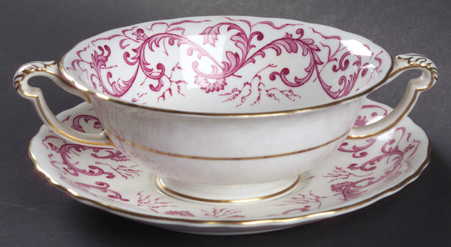 Purple Scroll Footed Cream Soup Bowl & Saucer Set by Royal Crown Derby-1