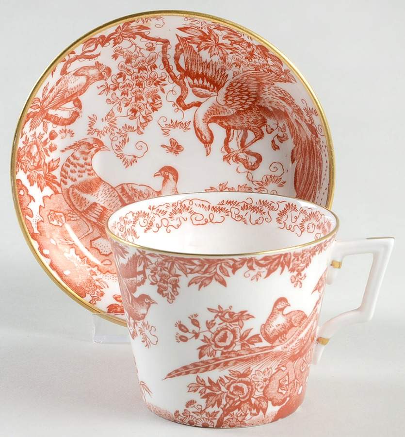 Red Aves (Older, Discontinued 1997) Flat Cup & Saucer Set by Royal Crown Derby-1