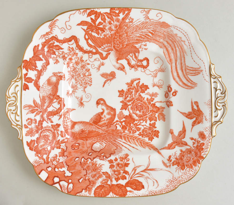 Red Aves (Older, Discontinued 1997) Square Handled Cake Plate by Royal Crown Derby-1