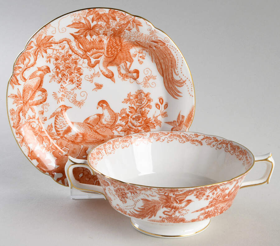 Red Aves (Older, Discontinued 1997) Footed Cream Soup Bowl & Saucer Set by Royal Crown Derby-1