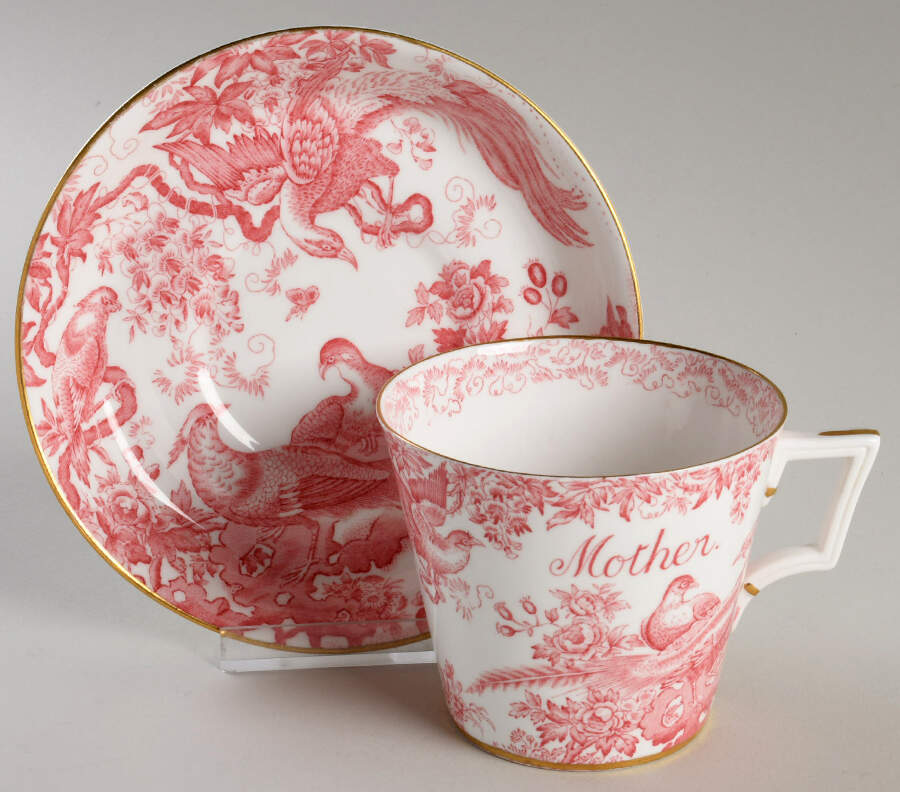 Red Aves (Older, Discontinued 1997) Breakfast Cup & Saucer Set by Royal Crown Derby-1