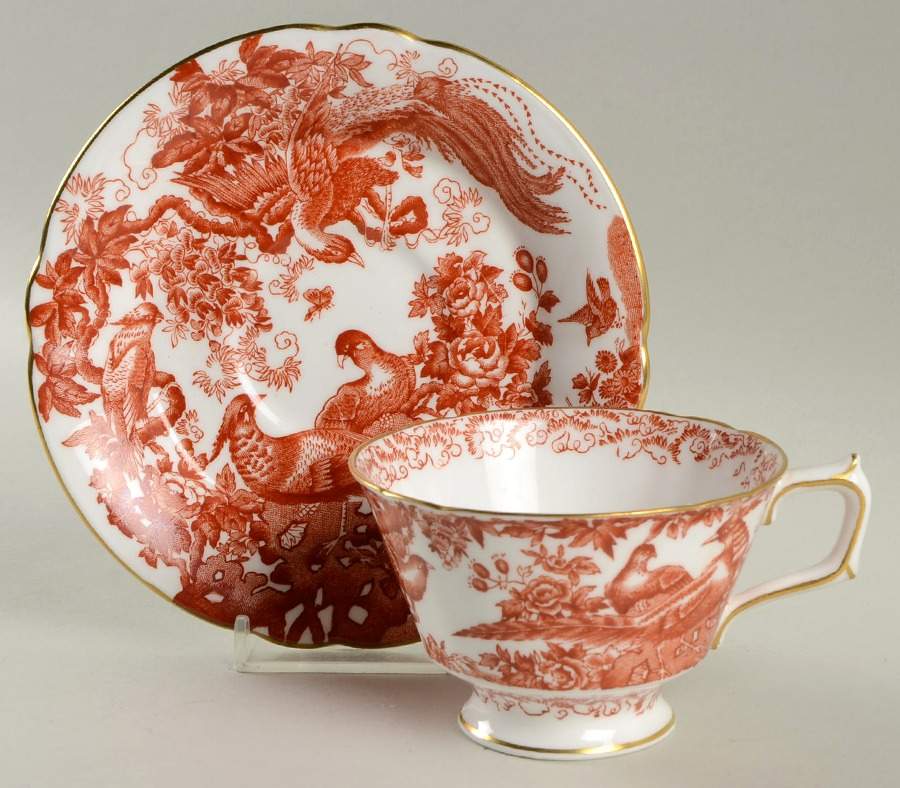 Red Aves (Older, Discontinued 1997) Footed Cup & Saucer Set by Royal Crown Derby-1