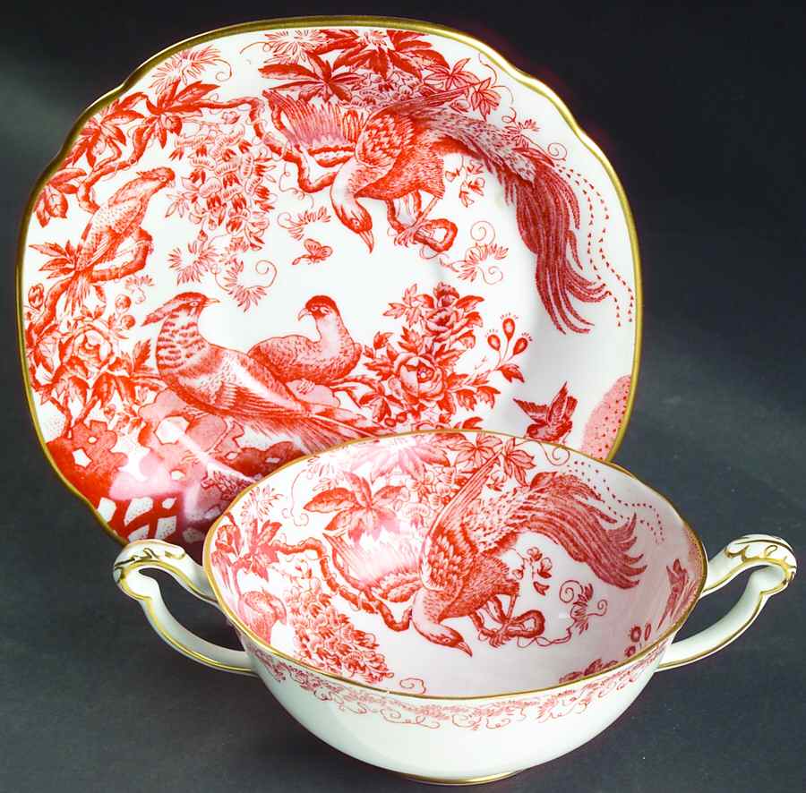 Red Aves (Older, Discontinued 1997) Footed Cream Soup Bowl & Saucer Set by Royal Crown Derby-1