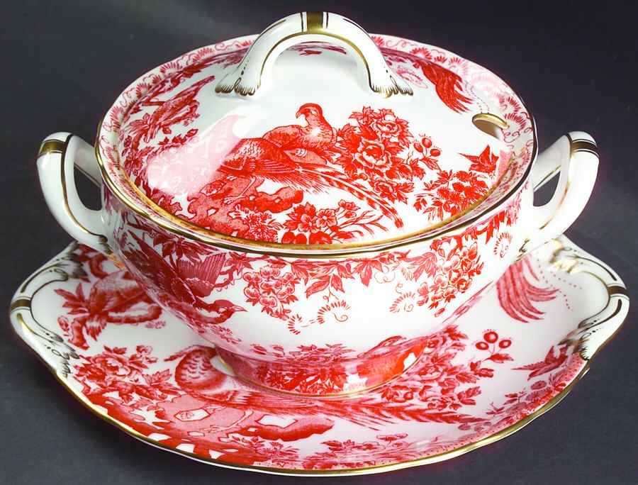 Red Aves (Older, Discontinued 1997) Sauce Boat & Lid with Underplate by Royal Crown Derby-1