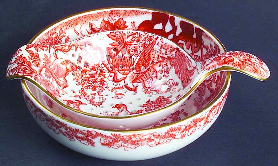 Red Aves (Older, Discontinued 1997) Tea Strainer & Bowl by Royal Crown Derby-1
