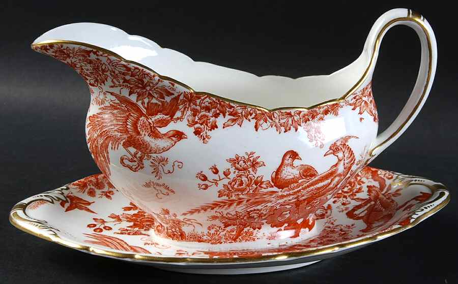 Red Aves (Older, Discontinued 1997) Gravy Boat with Attached Underplate by Royal Crown Derby-1