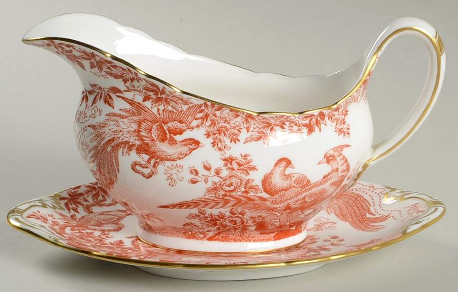 Red Aves (Older, Discontinued 1997) Round Gravy Boat & Underplate by Royal Crown Derby-1