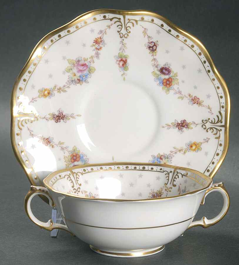 Royal Antoinette Footed Cream Soup Bowl & Saucer Set by Royal Crown Derby-1
