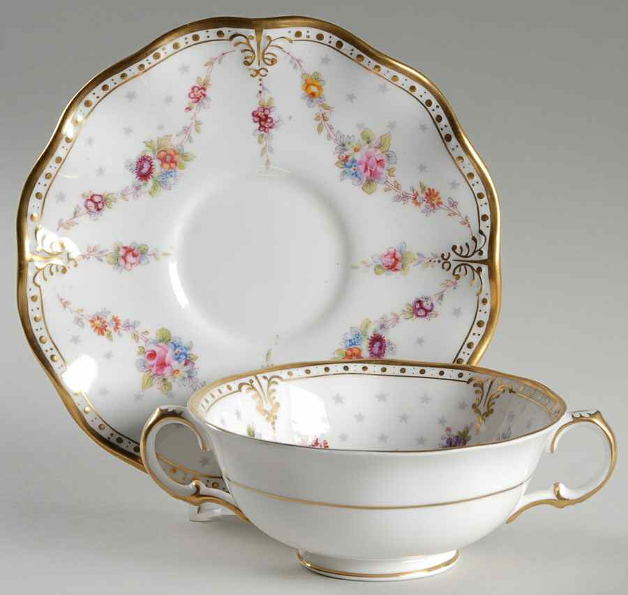 Royal Antoinette Footed Cream Soup Bowl & Saucer Set by Royal Crown Derby-1