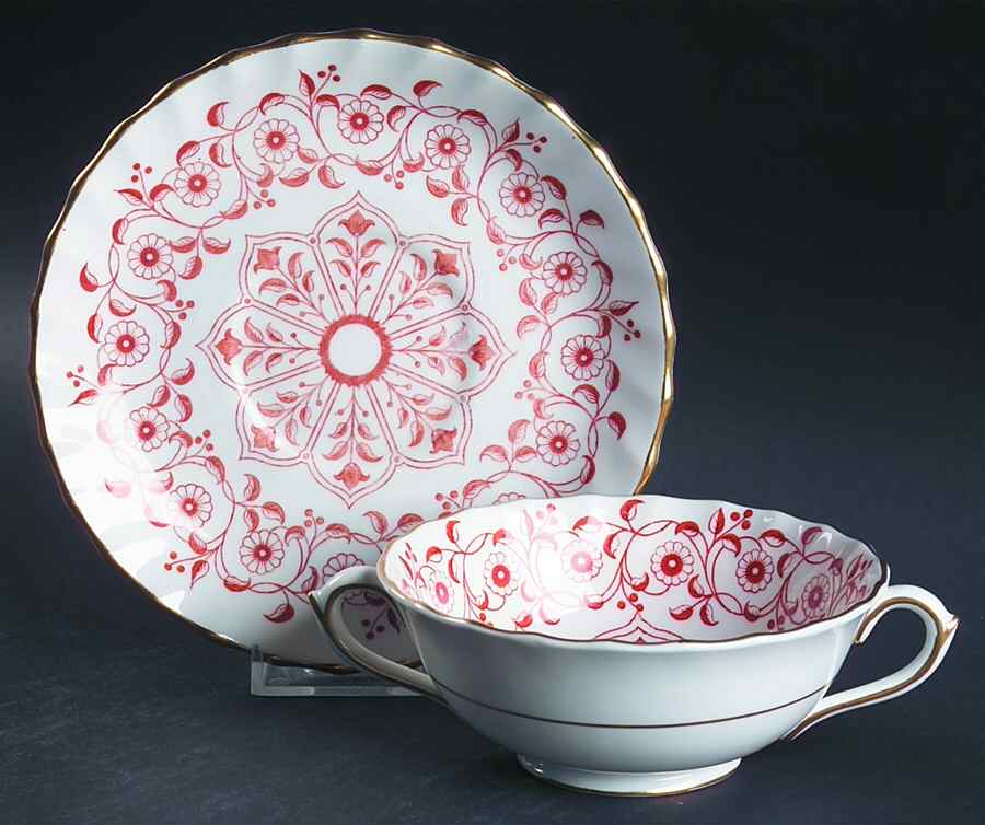 Rougemont (Boston Shape, Swirl) Footed Cream Soup Bowl & Saucer Set by Royal Crown Derby-1