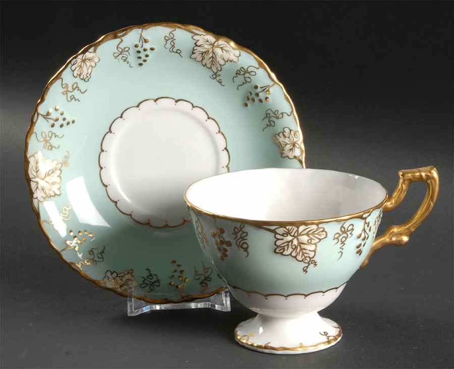Vine Aqua (Cream Leaves) Footed Cup & Saucer Set by Royal Crown Derby-1