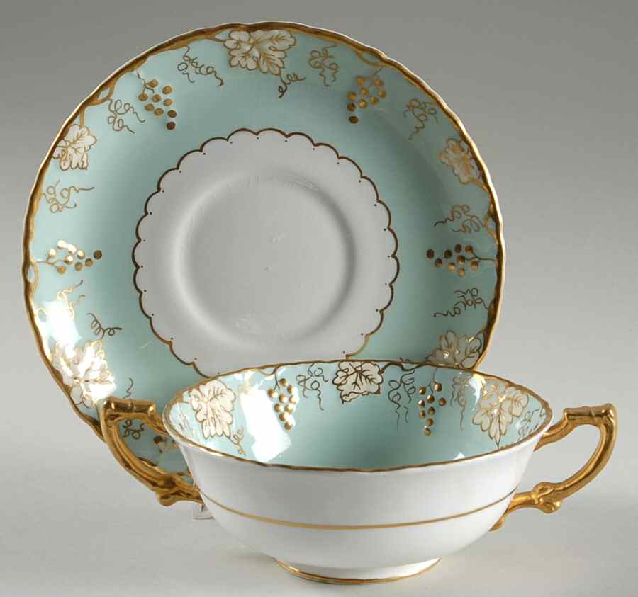 Vine Aqua (Cream Leaves) Footed Cream Soup Bowl & Saucer Set by Royal Crown Derby-1