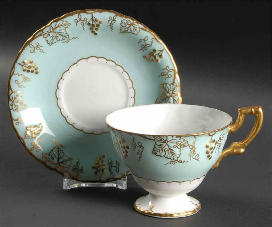 Vine Aqua (Aqua Leaves, No Posie Center) Footed Cup & Saucer Set by Royal Crown Derby-1