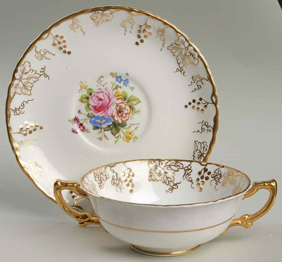 Vine Garnett Center Footed Cream Soup Bowl & Saucer Set by Royal Crown Derby-1