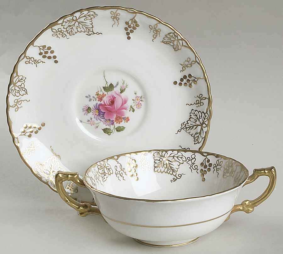 Vine (Posie Center) Footed Cream Soup Bowl & Saucer Set by Royal Crown Derby-1