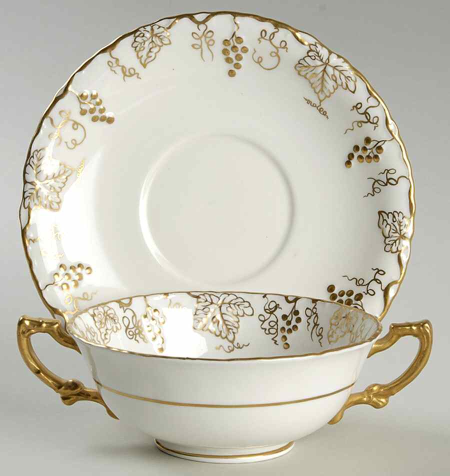 Vine Gold Footed Cream Soup Bowl & Saucer Set by Royal Crown Derby-1