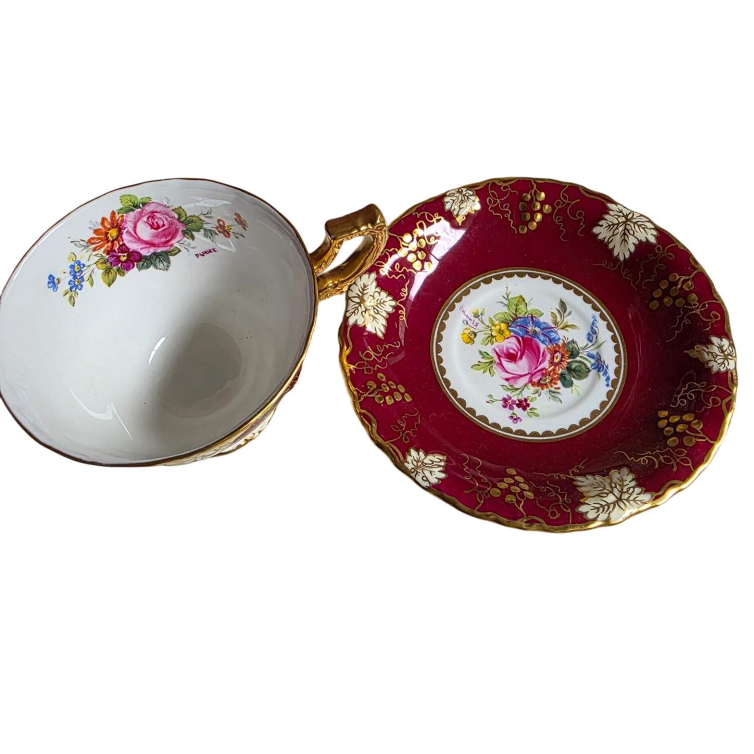 Vine Maroon (Posie Center) Footed Cup & Saucer Set by Royal Crown Derby-1