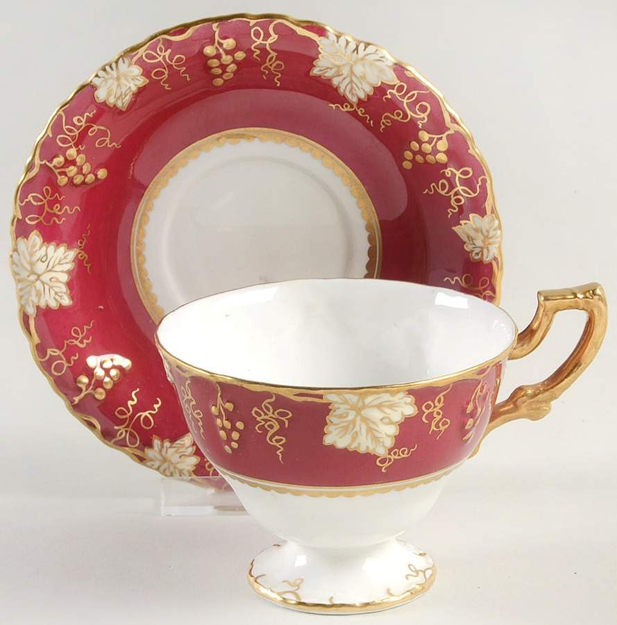 Vine Maroon (No Posie Center) Footed Cup & Saucer Set by Royal Crown Derby-1