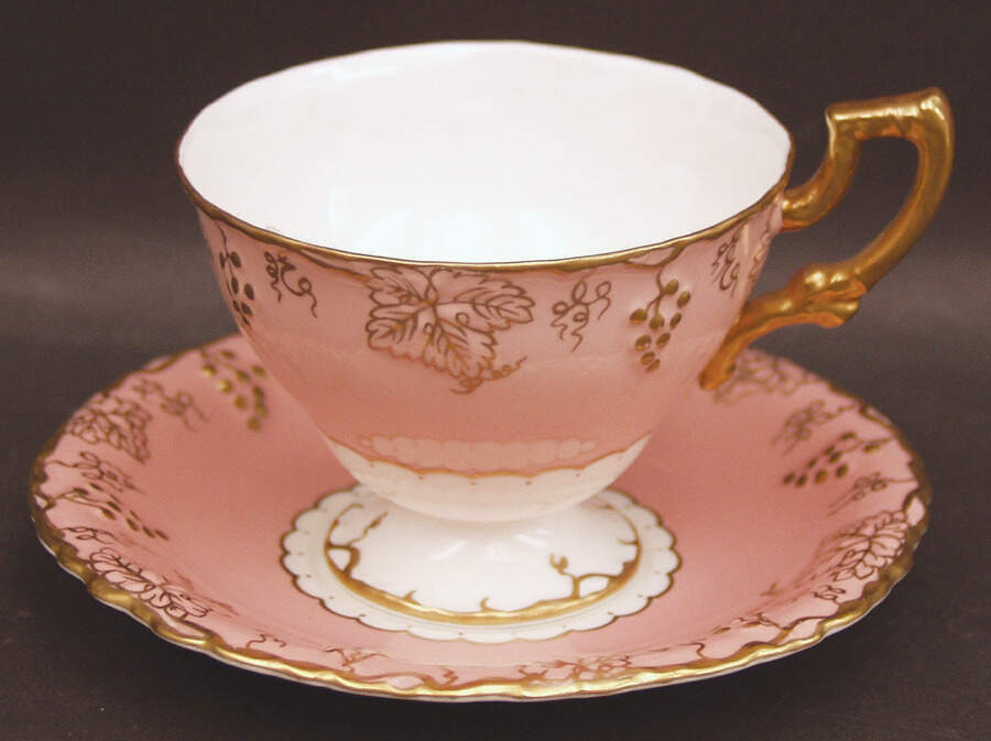 Vine Pink (Salmon, No Floral Center) Footed Cup & Saucer Set by Royal Crown Derby-1